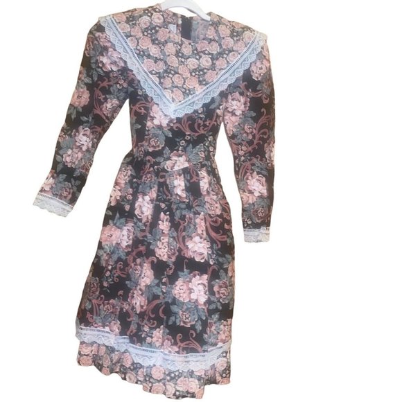 Vtg1980s Jessica McClintock Gunne Sax Girls Black Floral Prairie Dress Size 10